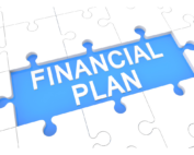 Puzzle with 3 center pieces in blue labeled financial plan