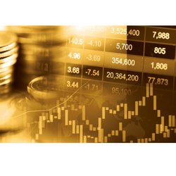 Golden hued picture with coins in background and bar graph of stock market and numbers in columns