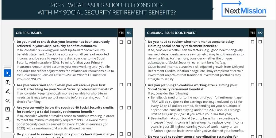 Social Security Checklist. Highlights general issues, claiming, tax, etc.