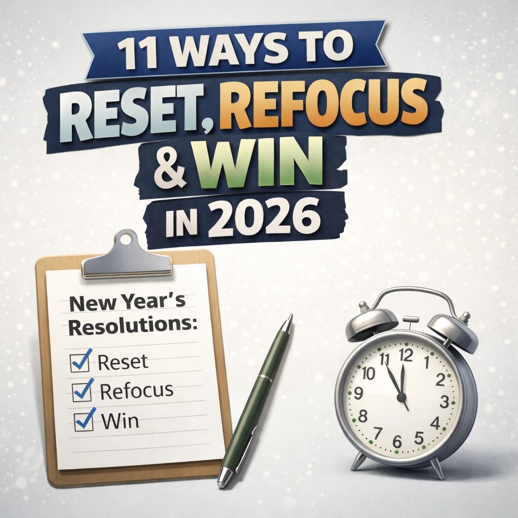 New Year Finances - 11 Ways To Reset Refocus and Win title with a clipboard and alarm clock